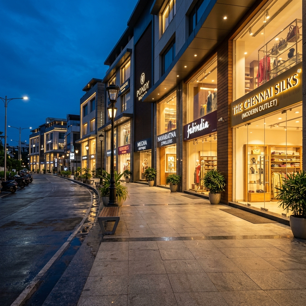 Cinematic view of Pondy Bazaar, Chennai at blue hour with modern retail storefronts