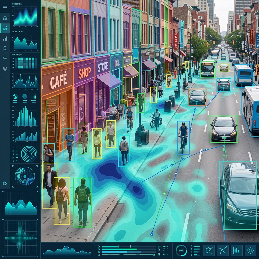 AI computer vision analysis overlay on a street scene