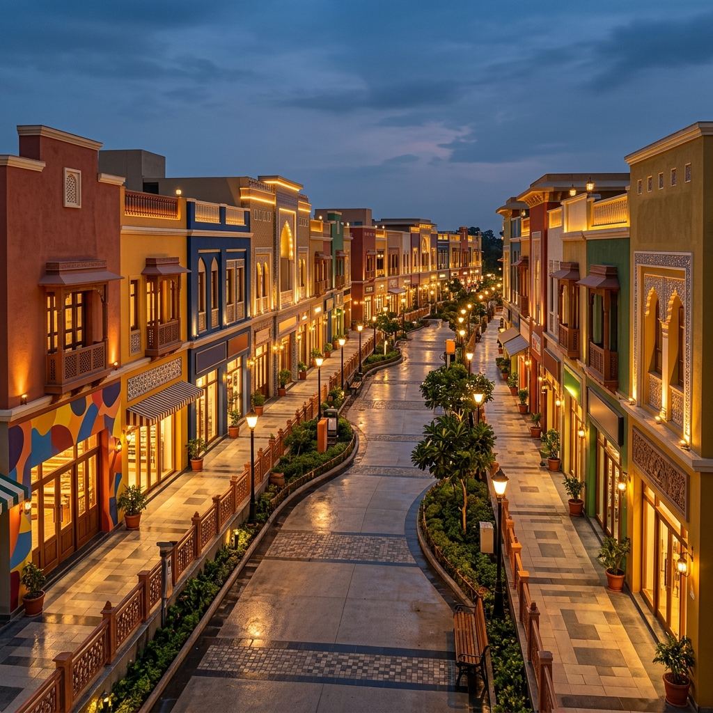 Street-level photography of a commercial district at dusk